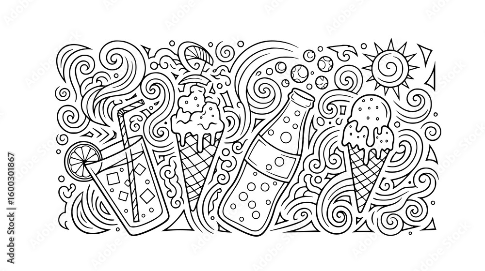 Obraz premium Whimsical doodle art of refreshing drinks and sweet treats