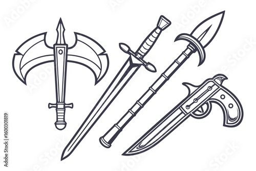 Medieval weapons collage axe sword halberd mace vector