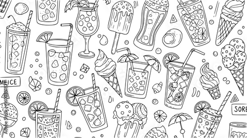 Hand drawn summer drinks and ice cream pattern doodle art