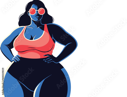Woman confidently poses in swimwear. Body positivity, self-acceptance, summer fashion.