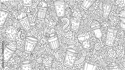 Whimsical doodle art of many coffee cups and mugs