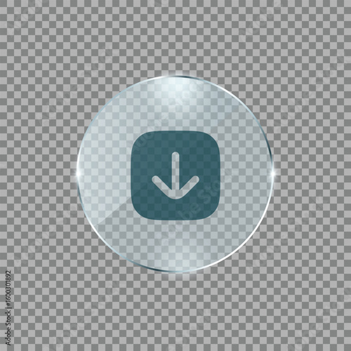 Down Arrow Icon on Glossy Steel Circle Button, Transparent Background Vector
