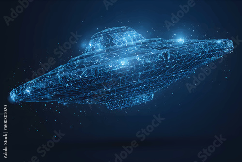 Vector illustration of a flying saucer, a low-poly wireframe vector shape made from glowing dots and stars on a dark blue background