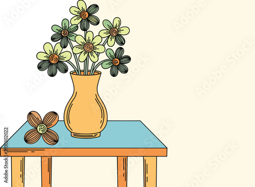 Flowers in a vase sit on a table, with one flower fallen beside it. Floral arrangement, colorful illustration, modern art, home decor.
