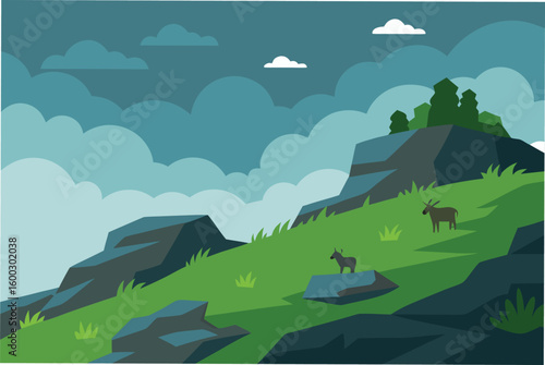a rocky hillside with patches of green moss and g 1