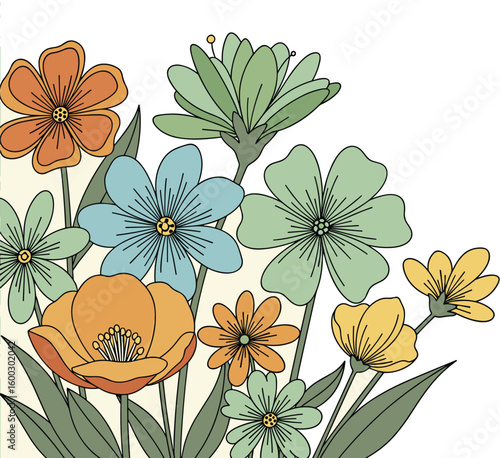 Colorful flowers in full bloom on a light background. Floral illustration, botanical art, blossom, spring design, vintage aesthetic