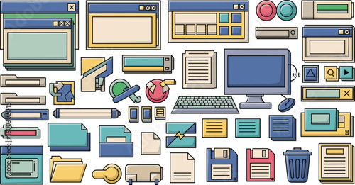 Retro computer interface elements in flat design. Vintage tech, old school computing, software elements.