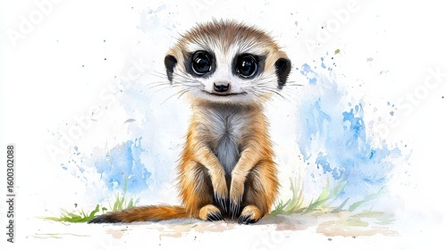 Wallpaper Mural Adorable watercolor painting of a meerkat sitting upright, facing forward with large expressive eyes and a sweet smile against a light blue watercolor background featu subtle Torontodigital.ca