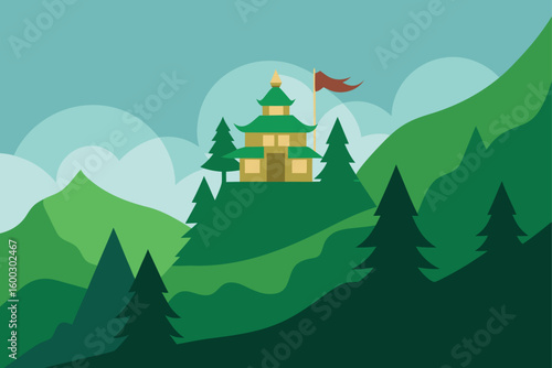 a peaceful monastery nestled in a green forest on
