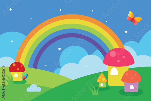 a peaceful fairy meadow with green grass  rainbow