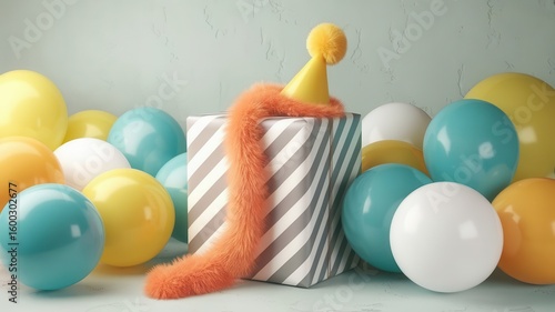 Festive celebration: Gift box adorned with party hat and colorful balloons