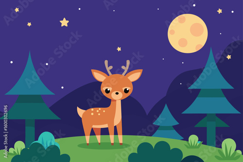 a peaceful cartoon forest glade with baby deer  m