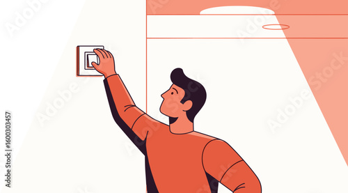 Man turns on light switch in a room. Electrical control, energy consumption, home automation, modern lifestyle.