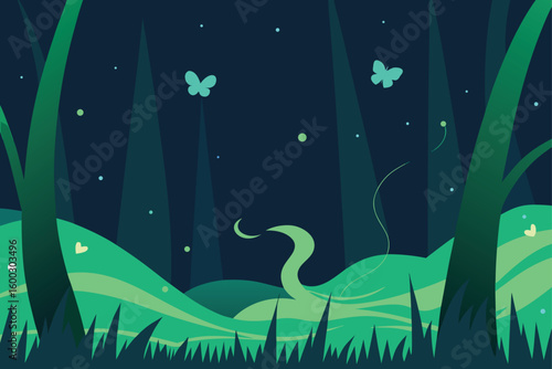 a magic infused forest where grass responds to fo