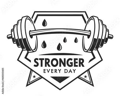 Monochrome badge shows weighted barbell with the slogan Stronger Every Day, sweat drips, and transparent backdrop