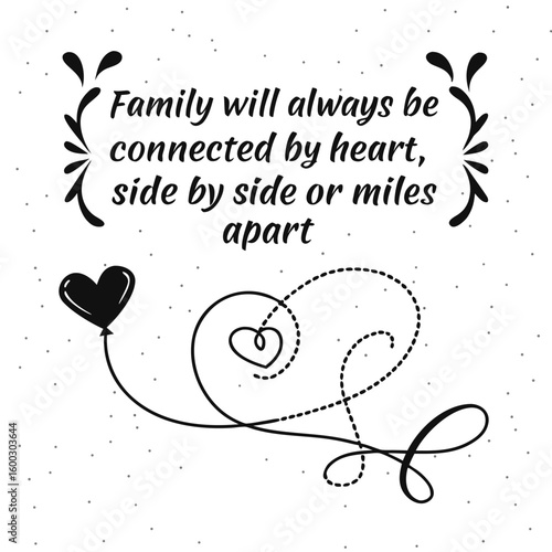 Heart balloon connects across dotted lines with family text overhead against a white background