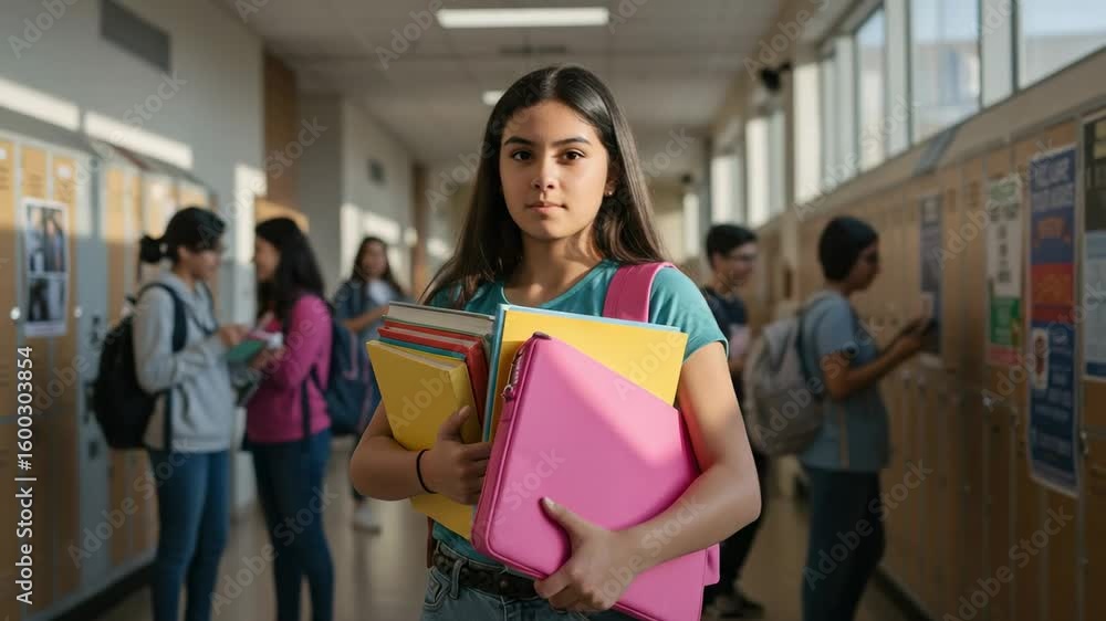 Portrait of a serious South Asian teenage girl holding books and standing in a busy high school hallway. Student life and education. Portrait of a serious South Asian teenage girl holding books and standing in a busy high school hallway. Student life and education.