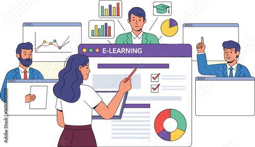 Woman interacts with e-learning platform with instructors. Virtual education, online learning, remote training, digital skills, web seminars.