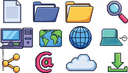 Pixel art depicts various computer and internet icons. Technology, digital, retro, information, communication, internet, online.