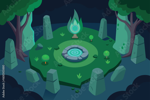a hidden druidic sanctuary in a green grove with