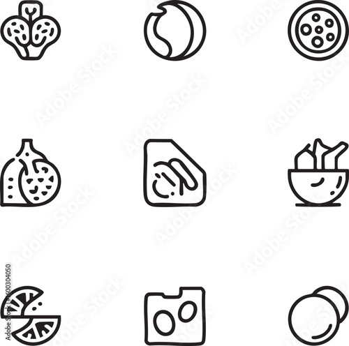 Food ingredients vector icon set outline style,editable stroke vegetables,cheese,eggs,salad,orange slices,pizza,figs,cabbage,ingredient icon set