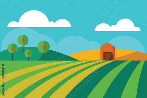 a green farmland landscape with rows of crops  a