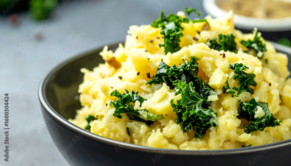 Bowl of Irish colcannon. Mashed potatoes mixed with kale. Tasty food. Cooking and culinary. Bowl of Irish colcannon. Mashed potatoes mixed with kale. Tasty food. Cooking and culinary.