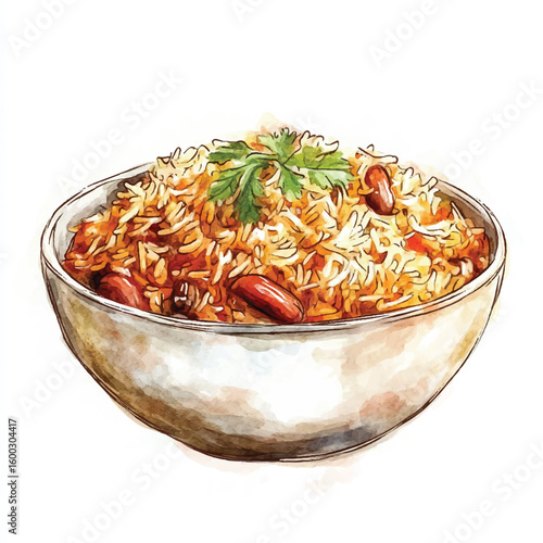 Watercolor Illustration of Rice and Beans with Parsley Garnish in a Bowl