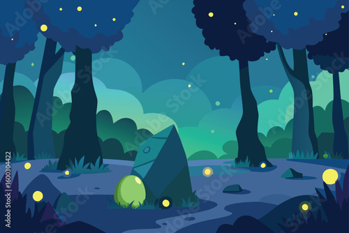 a glowing forest clearing with fireflies dancing