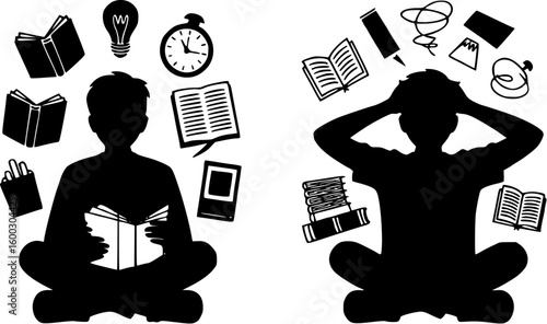 Learning & Stress Icons | Focused Study vs. Information Overload Silhouettes | Academic Concepts Vector