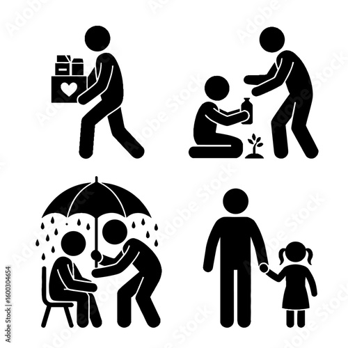 Humanitarian Aid Icon Set | Charity & Community Support Silhouettes | Care & Giving Vector