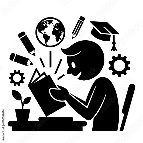 Joyful Learning & Knowledge Pursuit | Engaged Student & Education Process Silhouette Vector