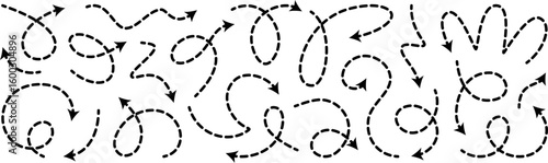 Dashed arrow squiggly vector line set. Curved shape doodle brush element. Complex plan, map path pattern. 3d up down direction scribble dynamic curly marker. Looped black stroke twirl spiral handdrawn