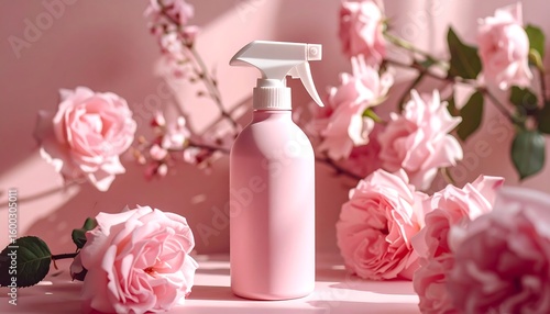 Pink Spray Bottle with Flowers Product Display Still Life