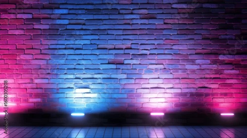 Brick wall illuminated with pink and blue lights creating a vibrant and colorful background scene