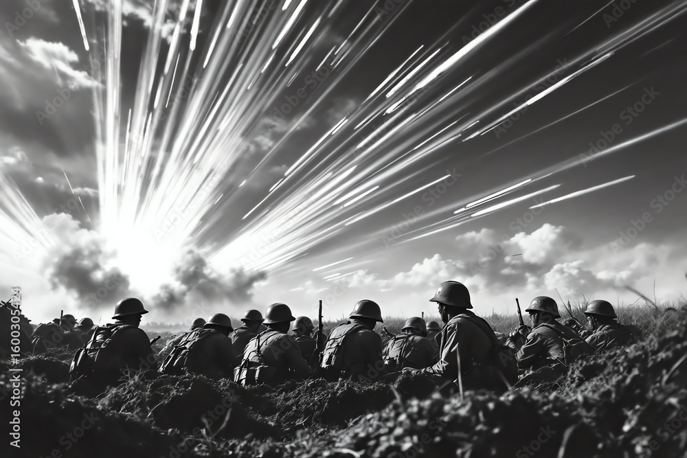 Fototapeta premium Soldiers in trench under heavy fire during intense battle scene warfare