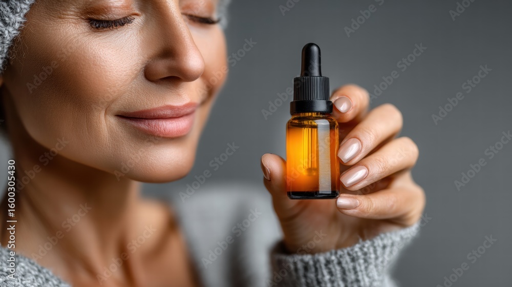 Fototapeta premium mock up woman holding a small amber glass bottle