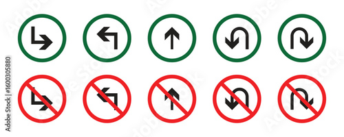 Collection of way sign outline road traffic prohibitions. Traffic Signs Pack Set. left arrow and right go straight arrow painted. direction mark, crossroad.  