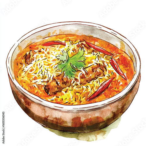 Watercolor Illustration of Spicy Biryani with Red Chilies in a Bowl