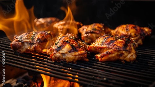 Close up of chicken thighs grilling over an open flame on a barbecue with visible grill marks