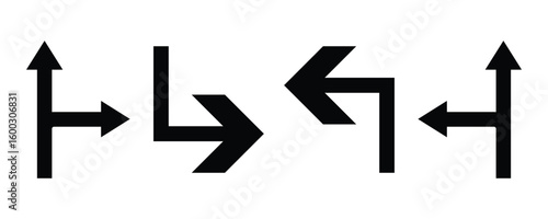 Driving direction Directional arrows on pavement symbolizing. direction of traffic on a black asphalt surface view, Arrows vector collection left right directional road sign icon with arrows pointing.