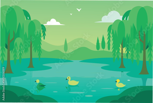 a calm lakeside with bright green surroundings  d