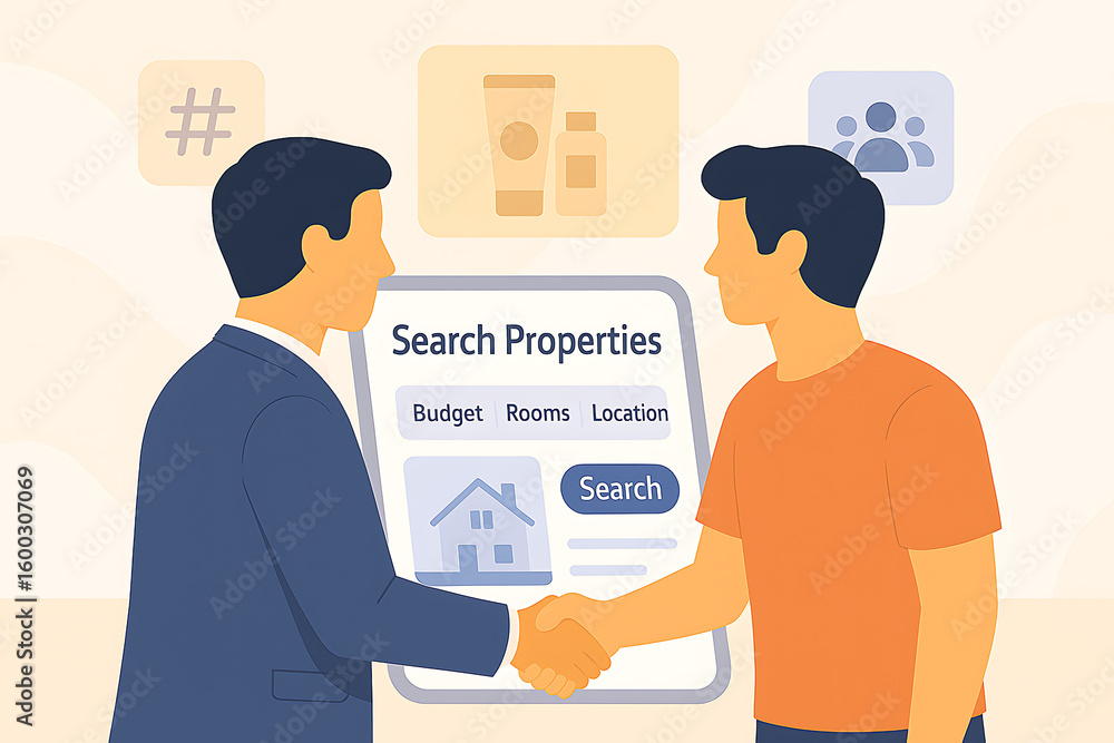Real estate agent and client shaking hands over property search screen, agreement concept Real estate agent and client shaking hands over property search screen, agreement concept