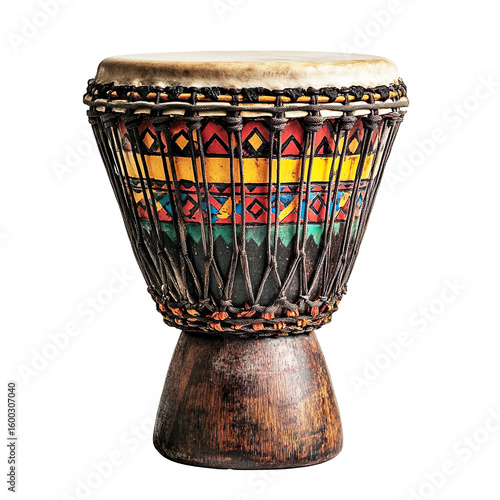 Traditional djembe drum with colorful pattern isolated on transparent background
