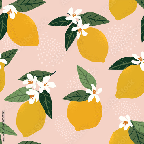 Tropical seamless pattern with lemons on a pink background. Fruit repeated background. Vector bright print for fabric or wallpaper