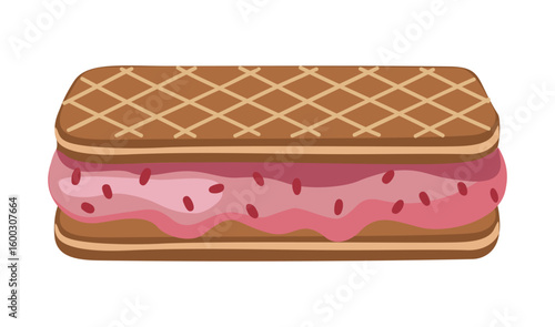 Vector illustration of chocolate wafer ice cream sandwich with bright pink strawberry filling. Glossy, realistic style. Isolated on transparent background. Perfect for food design and packaging