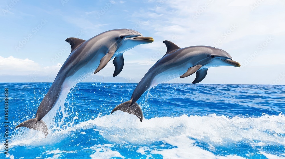 Obraz premium Two playful dolphins leap gracefully over vibrant ocean waves in Hawaii, showcasing their acrobatic skills and the beauty of the Pacific's marine wildlife du a sunny day.