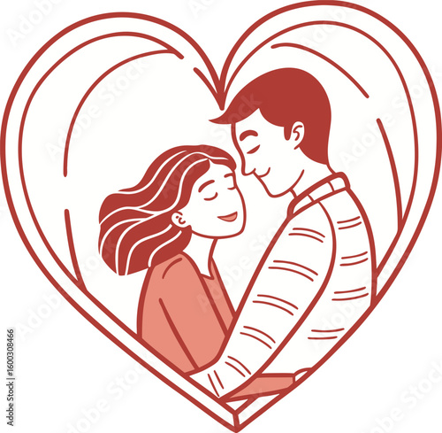 Loving cartoon couple sharing a kiss with heart symbol on white background