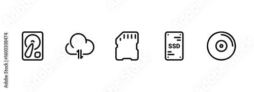 Outline Icons of Digital and Physical Data Storage Devices