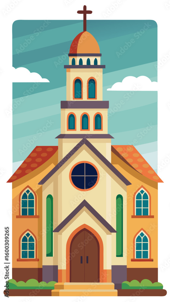 Fototapeta premium Vector art of a simplified graphic illustration of an oldfashioned church featuring a prominent bell tower a cross and arched windows situated in a pleasant natural